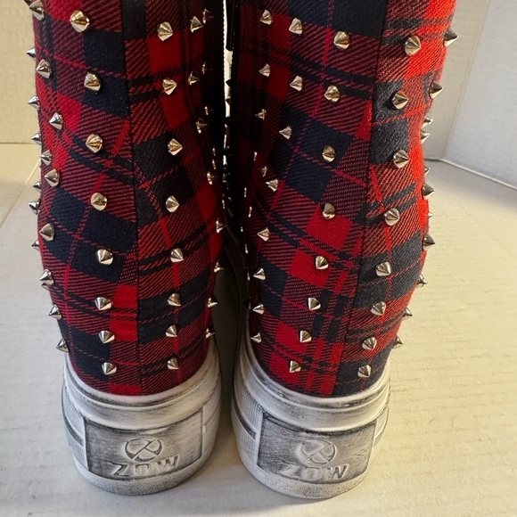 Anthony Wang Red Plaid High-Top Sneakers Silver Studs Goth Grunge Punk NIB 7 - Picture 4 of 6